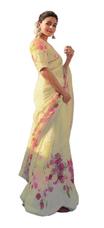 WiMO Ready to wear 1 minute soft linen saree with digital floral print and matching floral print blouse