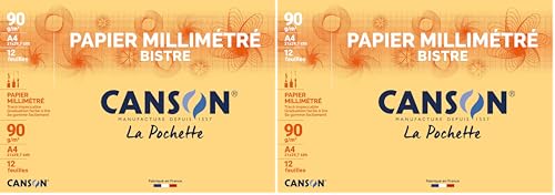CANSON Pochette de 12 feuilles de papier millimétré Bistre A4 90 g (Lot de 2)