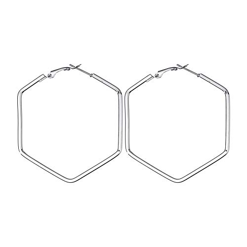 Hexagon Hoop Earrings for Women Simple Geometric Fashion Jewelry Earrings (Silver)