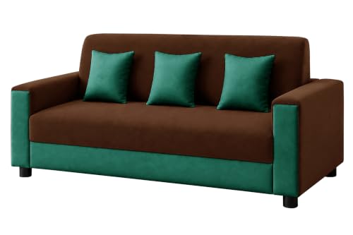 Image of Modern 3 Seater Sofa | Contemporary Upholstered Couch | Premium Cushioned Seating | Stylish Armrest Design | Comfortable Sofa for Living Room, Bedroom & Office - Brown + Green Color