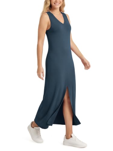 Image of ODODOS Modal Soft Front Split Midi Dress for Women, V Neck Sleeveless Casual Summer Tank Dress, Deep Blue, X-Small