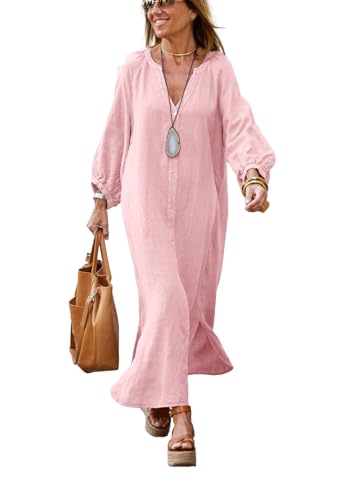 Image of chouyatou Women Summer Long Sleeve Notch Neck Maxi Linen Shirt Dress Loose Button Down Tunic Shift Dress