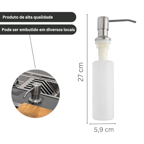 Dispenser Dosador de Sabão Embutir para Pia Aço Escovado 350mL Ideal para Detergente e Sabonete Líqu