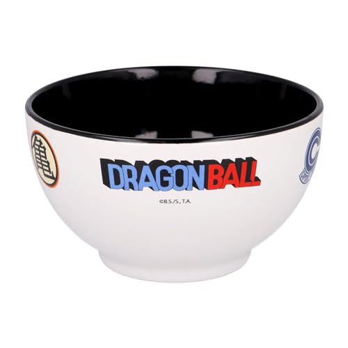 Elbenwald Ciotola per cereali Dragon Ball - Ciotola con icone Crystal Ball Kame Kanji Symbol e Capsule Corp Logo Motivo - 600 ml - Altezza 8 cm - Ø 13 cm - Ceramica - Bianco Nero
