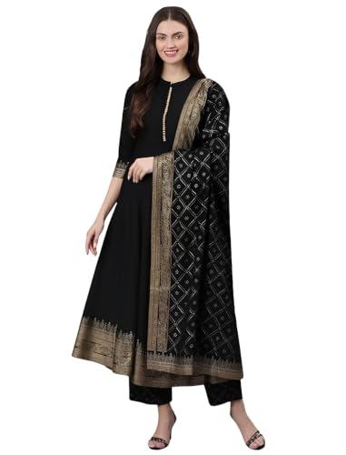 Image of ESTELA Women's Regular Fit Solid Pattern Viscose Polyester Anarkali Kurta Pant Dupatta Set with 3 /4 Sleeve Mandarin Neck Calf Length and Pull On Closure Type | Anarkali Suit For Womens