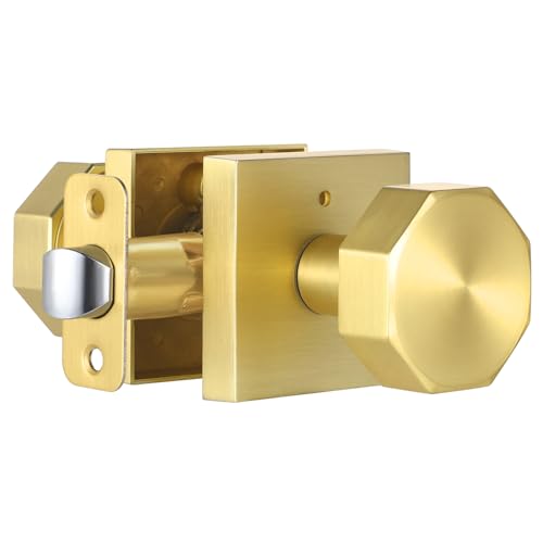 coolnews Gold Door Knob with Lock, Privacy Door Knobs Interior, Octagonal Satin Brass Door Handle for Bedroom Bathroom, Satin Brass Finish