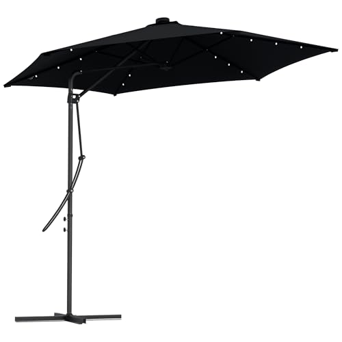 Outsunny 3(m) Cantilever Parasol with Solar LED and Easy Lever, Garden Parasol Umbrella with Cross Base and Waterproof Cover, Outdoor Sun Shades, Black