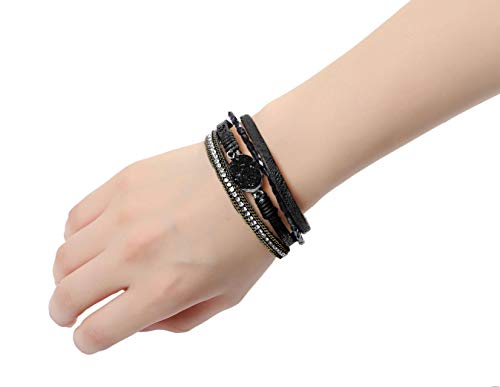 Fesciory Leopard Bracelet For Women, Boho Leather Wrap Multi-Layer Pearl Crystal Bracelet Bangle Jewelry(Black Stone(Short)) #TOP4
