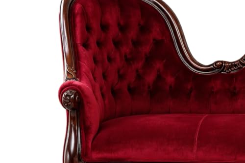 Image of Victorian Style Chaise Lounge, Tufted Cream Upholstery, Mahogany Wood Frame, Classic Living Room Furniture (Deep Burgundy Red)