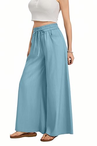 Image of KICZOY Women Flowy Pants Drawstring Waist Wide Leg Palazzo Beach Pants Loose Fit with Pockets