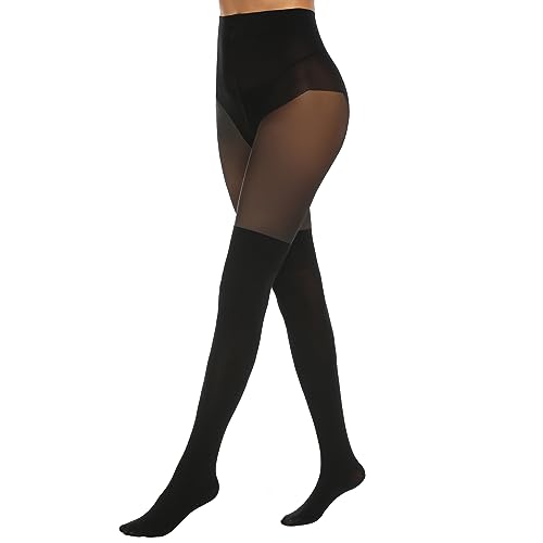 MANZI Womens Faux Thigh High Stockings Black Opaque Tights Stitching Sheer Pantyhose Mock Over the Knee Goth Tights Run Resistant Nylons