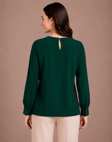 Image of Mirana Women's Full Sleeve Solid Top | Round Neck Pleated Front Regular Fit Office Casual Blouse with Button Cuffs