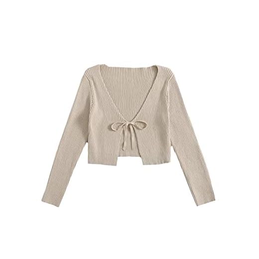 Floerns Women's Tie Front Long Sleeve Rib Knit Cardigan Crop Top Khaki S
