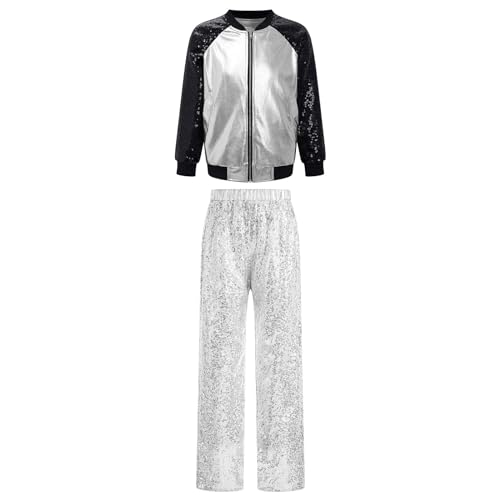 Jugaoge Set di vestiti per bambini Hip Hop, giacca lucida e pantaloni con paillette, per ragazze e ragazzi, streetdance DJ discoteca, Argento A., 122 cm-128 cm