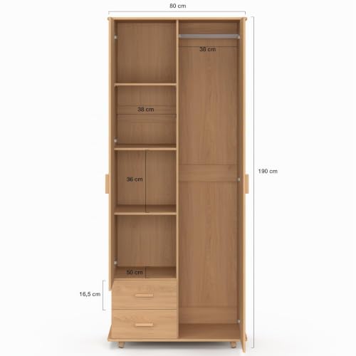 Armoire 2 portes JULIETTE effet lattes tasseau bois penderie 80 cm avec 2 tiroirs miroir et étagères - vue 4