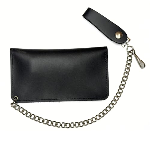 Heavy Duty Black Leather Trucker Wallet with Snaps, Zippers, Credit Card Holders and Chain - 6 Inches
