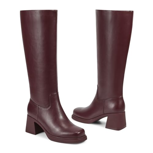 ISNOM Platform Knee High Boots Women Chunky Block Heel Long Tall Square Toe Boots With Side Zipper for Dress Going Out Work2