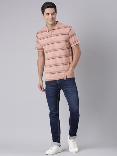 Image of Classic Polo Men's Half Sleeve Dark Orange Polo Neck Authentic Fit Striped Cotton Blend T-Shirt