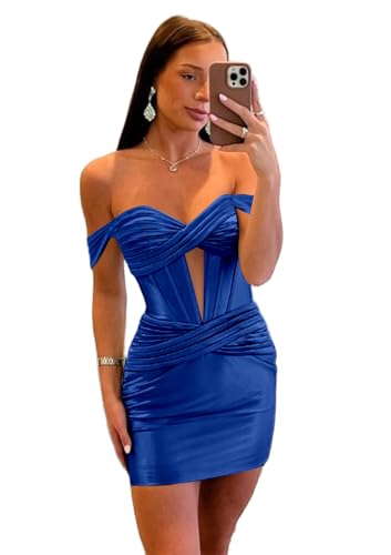 SNOWROSE Satin Homecoming Dresses for Teens 2025 Off Shoulder Short Tight Ruched HOCO Formal Cocktail Party Dress