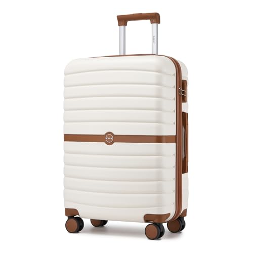 KONO Koffer Reisekoffer Trolley Koffer mittelgroß von ABS+PC Hartschalenkoffer mit Zwillingsrollen und Zahlenschloss(Creme/Braun, 66cm)