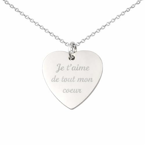 Jeux'Gratte Collier cœur personnalisé gravé – Pendentif cœur en acier inoxydable argent brillant – Chaîne 45 cm – Cadeau original