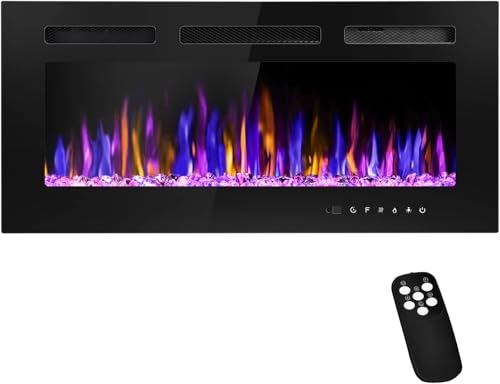 BETELNUT 36' Electric Fireplace Wall Mounted and Recessed with Remote Control, 750/1500W Ultra-Thin Wall Fireplace Heater W/Timer Adjustable Flame Color and Brightness, Log Set & Crystal Options