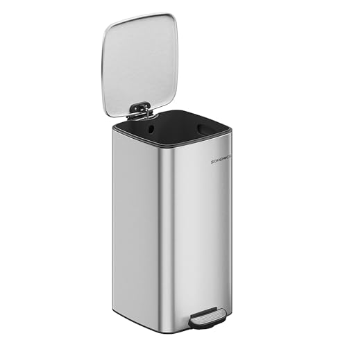 SONGMICS Kitchen Bin 8-Gallon (30 L) Trash Bin Stainless Steel Pedal Bin with Inner Bucket Soft Close and Stays Open Metallic Silver LTB593E01