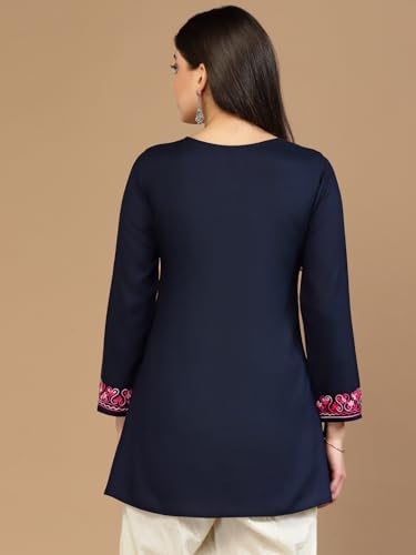 Image of QAZMI Women's Naila Kashmiri Aari Embroidered Viscose Rayon Full Sleeves A-Line Short Kurti