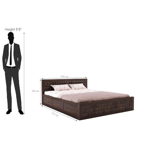 Image of Solid Sheesham Wood King Size Bed with Box Storage and Headboard | Wooden Double Bed Cot Palang Furniture for Bedroom, Living Room, Guest Room, Home and Hotel (Walnut Finish-1 Year Warranty)