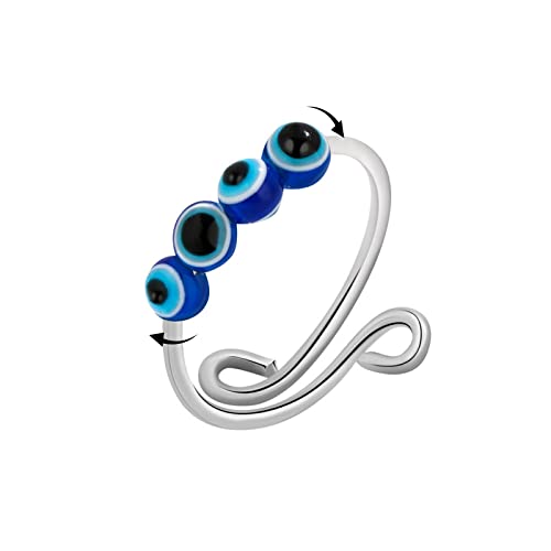 S925 Sterling Silver Fidget Ring for Women Open Adjustable Spinner Ring for Daughter Anxiety Rotatable Ring Stress Relief for Jewelry Gift (Evil Eye)