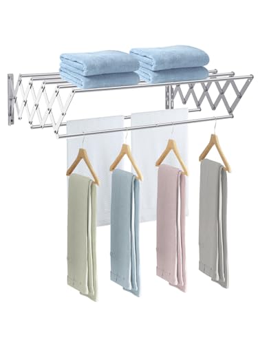 M.J COMFY-LIFE Foldable Clothes Airer - Wall Mounted Retractable Clothes Drying Rack for Indoor & Outdoor Use, 7 Rails, 5.6m Hanging Space, Space-Saving Design