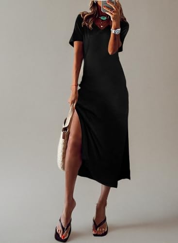 MARZXIN Women 2023 Casual Maxi Dress Short Sleeve V Neck Stripe Sundress Split Loose Long Summer Beach T Shirt Dresses