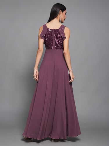 Image of Miss Chase Women's Round Neck Sleeve Embellished Fit Flare Maxi Dress