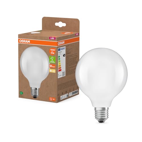 Osram LED-Lampe in klassischer Globeform, mit dekorativem LED-Filament im Frosted Design, Energieeffizienzklasse A, E27, 5 W, 1055 lm, 2700 K, warmweiß. Ohne Aufwärmen, sofort 100% Licht