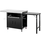 Grill Table,Outdoor Kitchen with Cabinet Outdoor Grill Table with 2 Foldable Side Tables Stainless Steel Top for Outdoor Kitchen Cabinets, Bar Cart, Movable Grill Cart with Pull-Out Plate, L74”x W24”