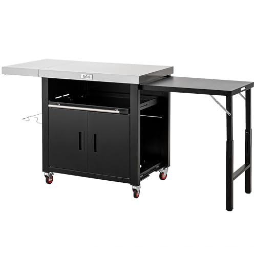 Grill Table,Outdoor Kitchen with Cabinet Outdoor Grill Table with 2 Foldable Side Tables Stainless Steel Top for Outdoor Kitchen Cabinets, Bar Cart, Movable Grill Cart with Pull-Out Plate, L74”x W24”