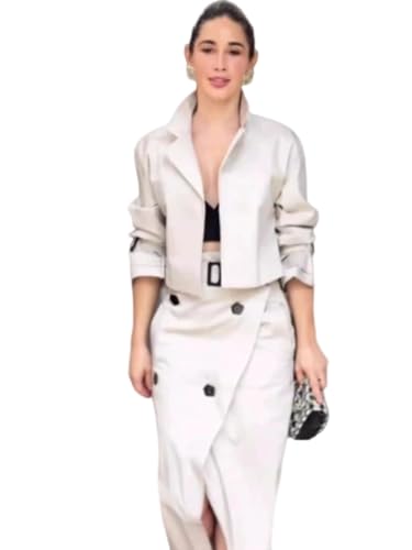 Women's Two-Piece Suit Sportswear Streetwear Workwear Long-Sleeved Jacket and wrap-Around high Slit Skirt Set