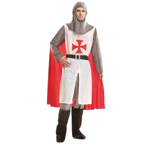 My Other Me - Disfraz Caballero Medieval Hombre, talla M-L. Incluye verdugo gris, túnica blanca con detalle de cruz y mangas grises, capa roja, cinturón negro, pantalón gris y cubrebotas negros.