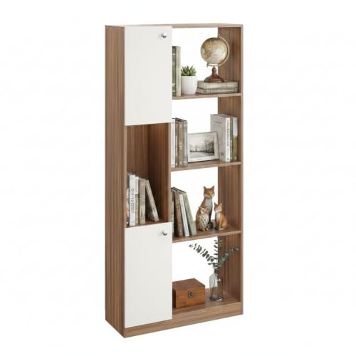 Image of FURNEASER Bookaura Wooden Bookshelf with Doors, Multipurpose Bookcase Storage Organizer for Living Room Modern Wooden Book Shelf Cabinet, Display Rack for Books & Decor (Exotic Teak & White)