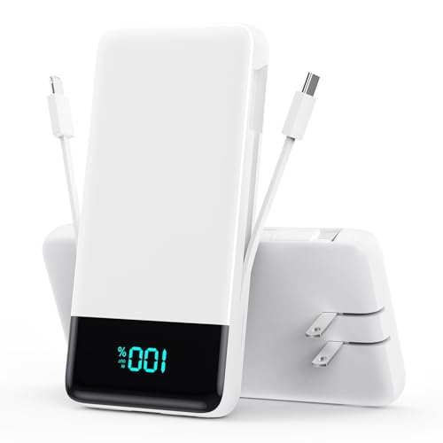 Image of Portable Charger Power Bank for iPhone with Built-in Cables and AC Wall Plug, 13800mAh Ultra Slim Travel Essentials,USB C Fast Charging External Battery Pack for iPhone 17 /16 /13,Galaxy,Android-White
