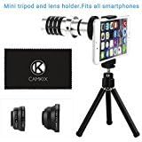Universal Smartphone Camera Lens Kit Including 12x Telephoto Manual Focus Lens/Fish Eye Lens / 2 in 1 Macro and Wide Angle Lens/Tripod/Lens and Phone Holder/Fits Most Phones