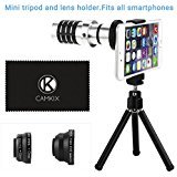 Eco-Fused Universal Smart Phone Camera Lens Kit including 12x Telephoto Manual Focus Lens / Fish Eye Lens / 2 in 1 Macro and Wide Angle Lens / Tripod / Lens and Phone Holder / Fits Most Phones