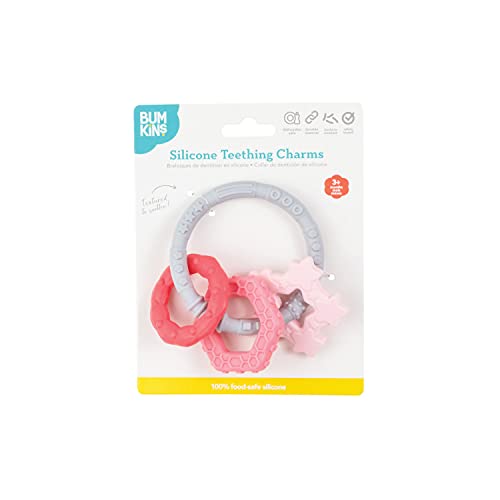 Image of Bumkins Baby Teething Freezer Toy Keys Rings, Soft Flexible Pacifier to Chew, Cool Teether Gum Relief, Babies 3 Months, Freezable Platinum Silicone, Sensory Bracelet with Charms, Pink and Gray