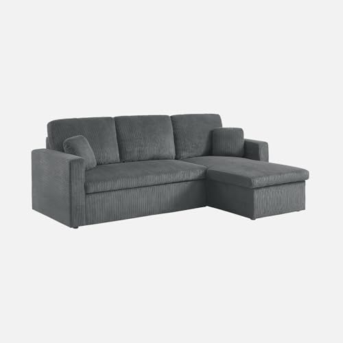 Divano Letto angolare e Reversibile 3 posti, Ida Velluto a Coste, Grigio Scuro, 219x81x68 cm