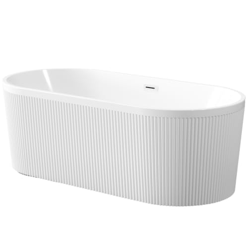VBChome Badewanne 170 x 80 x 58 cm Weiß Acryl SET Premium Glamour-Badewanne mit Rillenstruktur Freistehend Badewanne Eingebauter Überlauf Siphon Chrom Inklusive Modern Komfort Elegant Top Qualität – Bild 3
