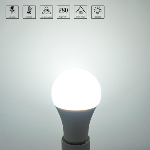 12W A19 LED Light Bulb, E26 Base, 6500K Daylight White, 1050 Lumens, Non-Dimmable, 120V High Brightness, No Flicker, A60 Frosted Lamp(4 Pack)