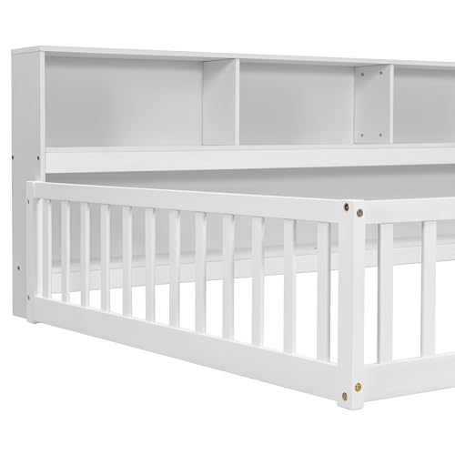 Full-Montessori-Floor-Bed-with-Bedside-Bookcase-Shelves-for-Girls-BoysFull-Size-Floor-Bed-wSafety-Guardrails-for-GirlsBoysNo-Box-Spring-Needed-White Full Montessori Floor Bed with Bedside Bookcase Shelves for Girls BoysFull Size Floor Bed wSafety Guardrails for GirlsBoysNo Box Spring Needed White