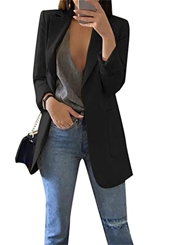 OMZIN Damen Blazer Open Front 3/4 Ärmel Blazer Ruched Cardigan Arbeit Büro Anzug Jacke Solid Langarm Herbst Blazer Anzug Jacke Schwarz M