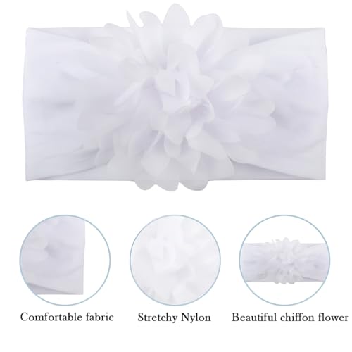 Image of SYGA Pack of 3 Baby Headbands Nylon Flower Soft Stretchable Hairband for Newborn Infant Toddler Kids For 0-3 Year White, Green, Medium Pink