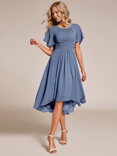 Alisa Pan EG02053DN08-AS Alisapan Women'S Chiffon Round Neck Short Sleeves Ruched Pleated A-Line Midi Formal Wedding Guest Dresses Dusty Navy 08 thumb #2